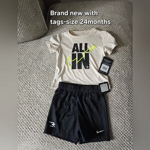 Nike Beige Toddler Tee with Neon Yellow & Black Shorts